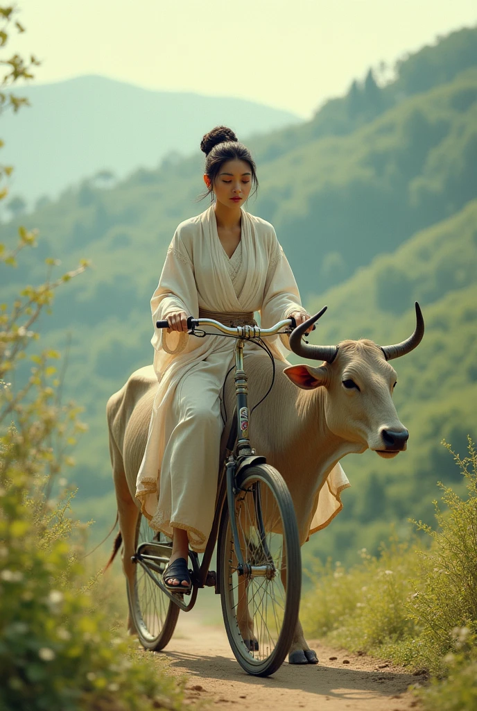 Genrate a image in which a wonderful woman has siting on the bike and driving a ox