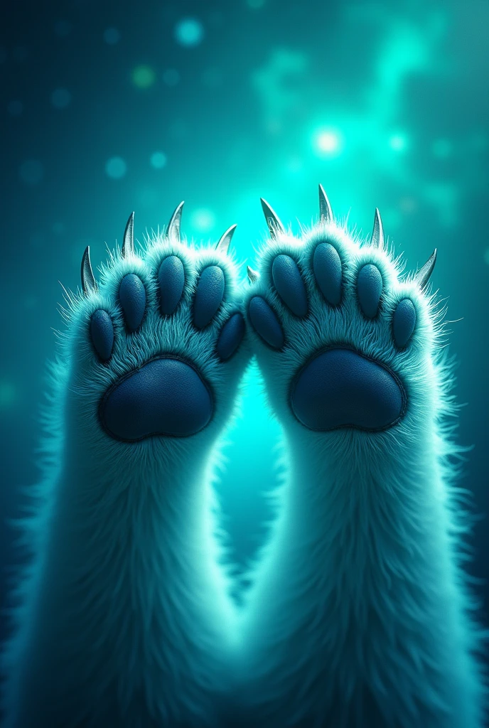 create two cat paws, cat paw, turquoise coloured, turquoise galaxy background, realisitic, 真实感