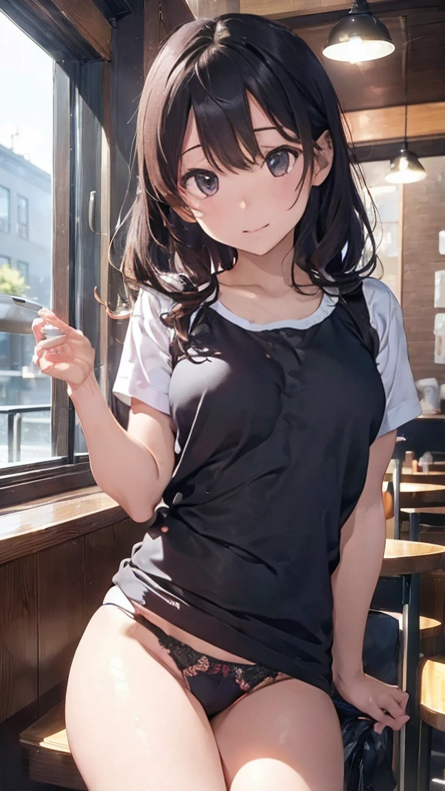 ((Highest quality)), (detailed), Perfect Face、((Highest quality)), (detailed), Perfect Face、Work as a manager at a popular cafe, 3、In a café in the daytime, ((Stand and show)), Spread your legs, ブラウス, ID card hanging from neck, Take off your black panties、 Holding the panties you took off in your hands、Angle from the front、((She has panties、Showing it to me。:1.5))、((Erect nipples: 1.1)), (( Small breasts :1.5 )), ((Small round areola :1.3, ライトピンク:1.3 )), (((スカートめくり, ズボンがない, Genitals are visible))), ((masterpiece)), ((masterpiece))