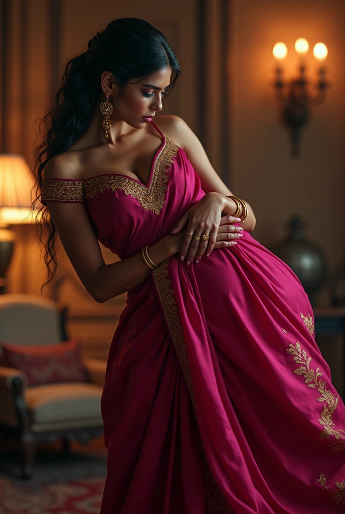 Beautiful indian woman in dark pink saree lifting and picking up a chubby man in her arms in a room