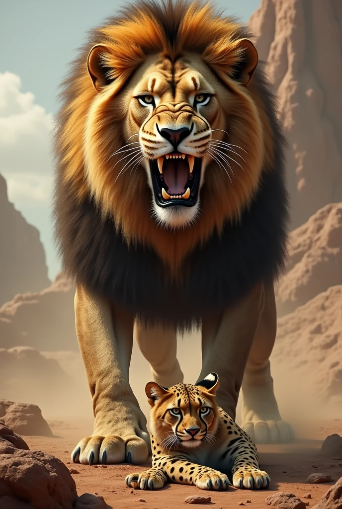 Bhot bda Sher jiske bhot bade teeth hai or body hai jisne cheete ko maar diya or cheeta uske pero me hain find image