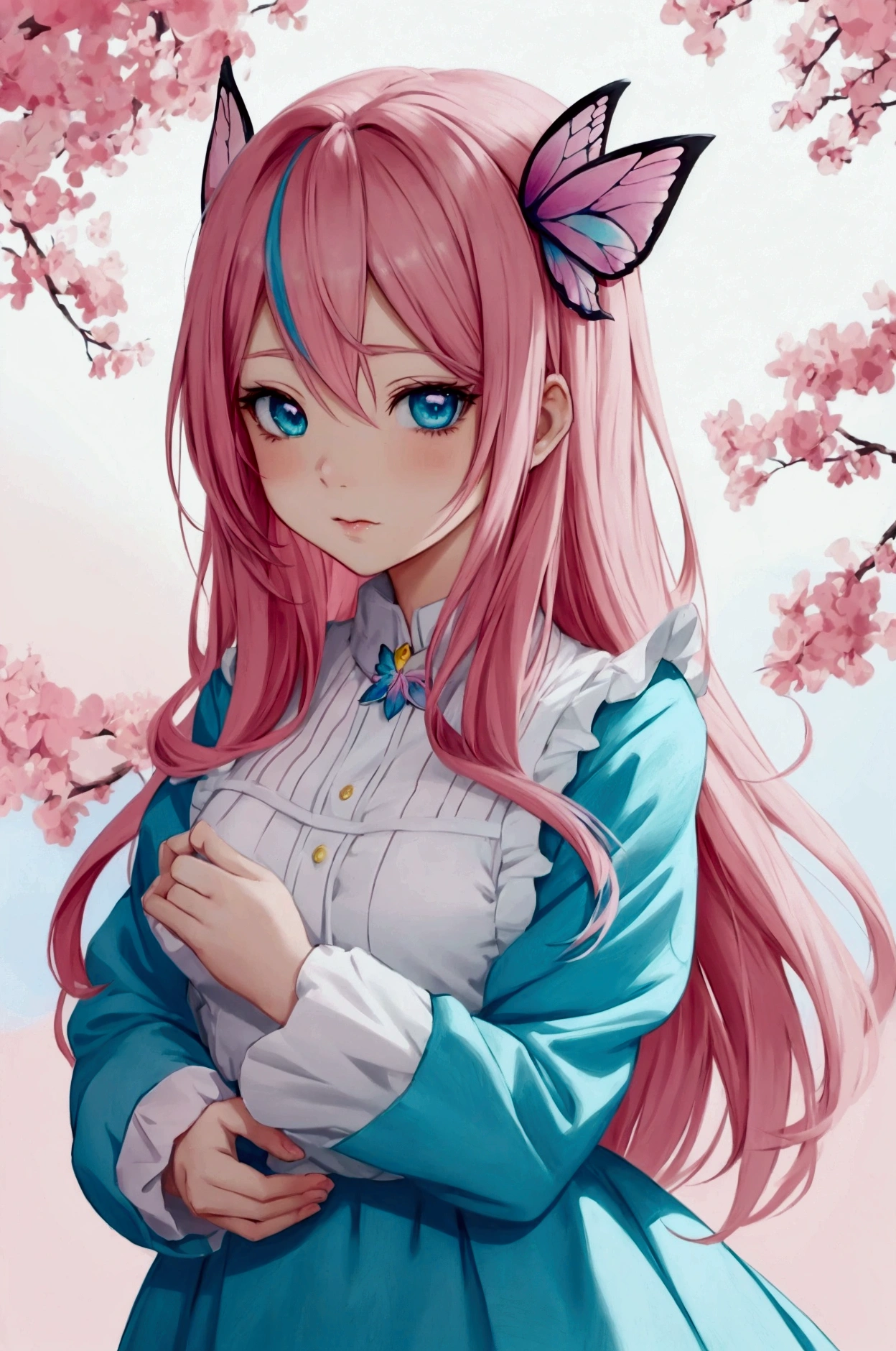 Anime girl with pink hair and blue eyes, cute art style, beautiful anime art style, anime art style, cute anime style, anime art style, Beautiful drawing style, trends in art, anime art style de alta qualidade, rossdraws pastel vibrante, A beautiful anime portrait, colourful drawing, fantasy world, butterflys