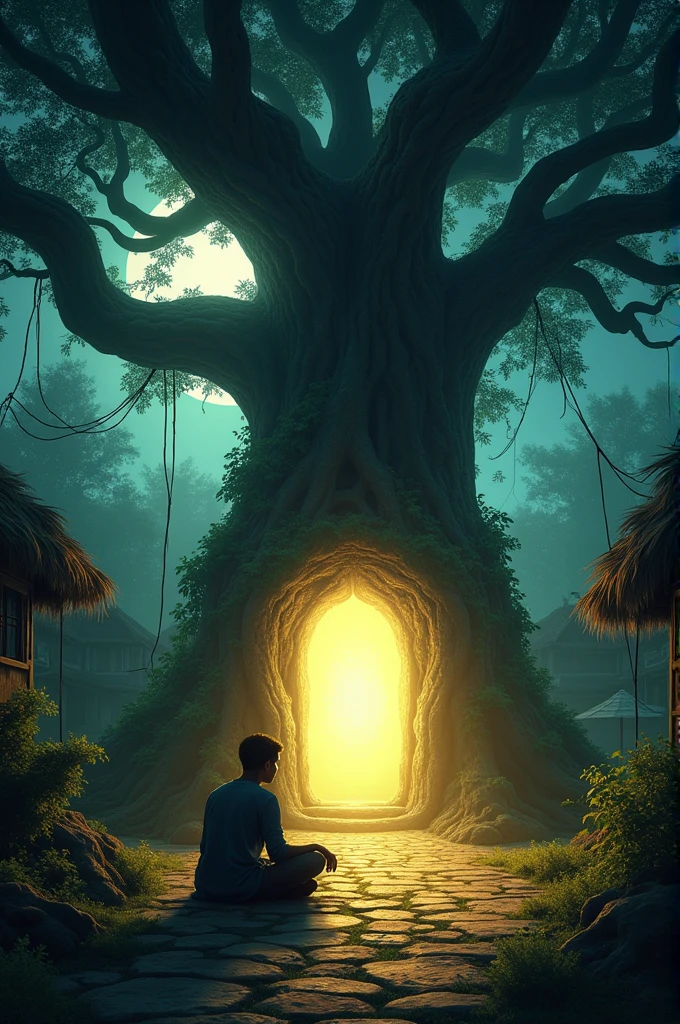 A moonlit village scene bathed in golden light. A young man named Shiladitya, looking determined, sits under an ancient banyan tree in a dense forest at night. An old, mystical door opens in the tree trunk, emitting an ethereal glow, as Shiladitya prepares to enter. 16:9 ratio photo