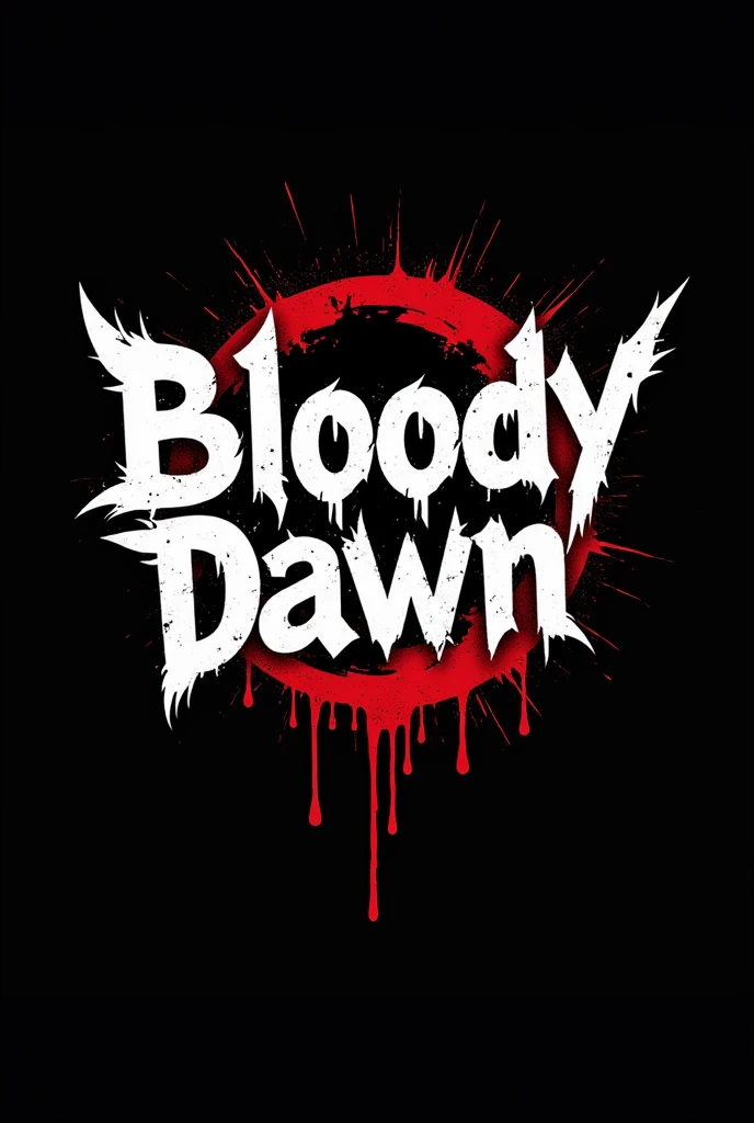 Draw a grunge rock band logo "Bloody dawn", there must be a black background, red picture and white text with the name of the group