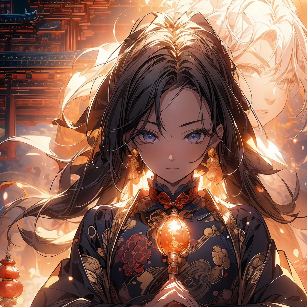 masterpiece、Highest quality、High resolution、8k、Ray Tracing、Detailed people、Detailed Yin、One woman、Black Hair、Han traditional costume、Beautiful clothing patterns、Beautiful Face、god々Smile、Sit at a table、(Very beautiful mother-of-pearl work、Beautifully detailed porcelain)、 Scroll、Traditional Chinese Room、god秘的な昼間の景色、