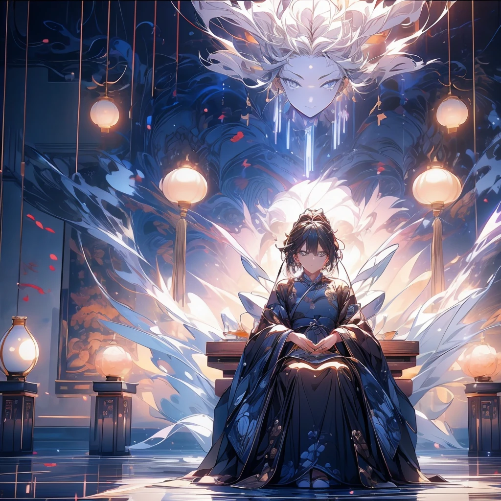 masterpiece、Highest quality、High resolution、8k、Ray Tracing、Detailed people、Detailed Yin、One woman、Black Hair、Han traditional costume、Beautiful clothing patterns、Beautiful Face、god々Smile、Sit at a table、(Very beautiful mother-of-pearl work、Beautifully detailed porcelain)、 Scroll、Traditional Chinese Room、god秘的な昼間の景色、