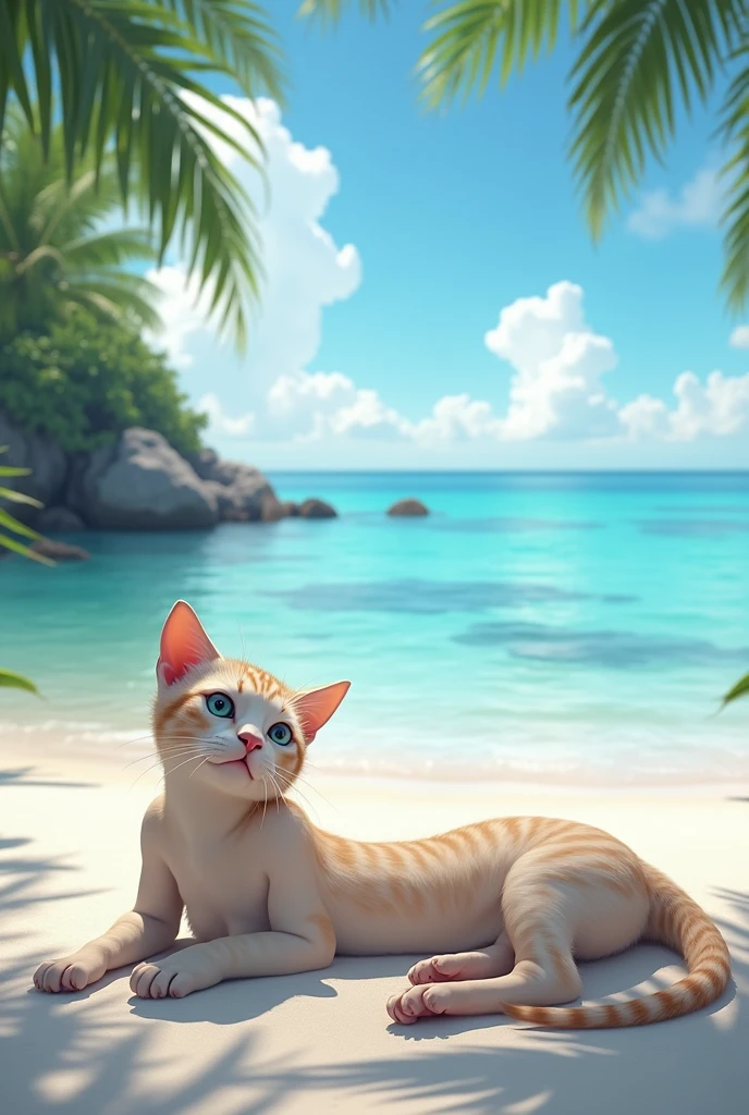 (photorealism:1.2), beautiful catgirls without clothes, beach, clear sky, blue sea
