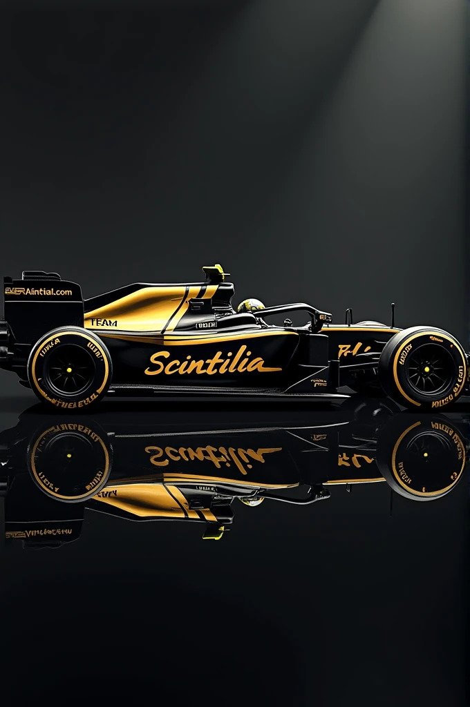 Make a Formula One livery in black and gold with "Scintilia F1 team" name in the car.