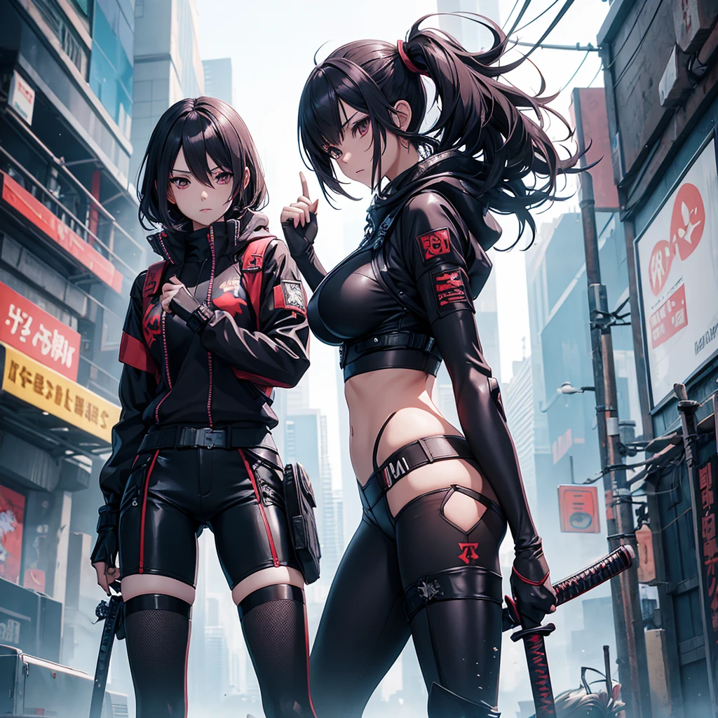A warrior anime girl wear cyberpunk suit carry katana in hand fight with demon 