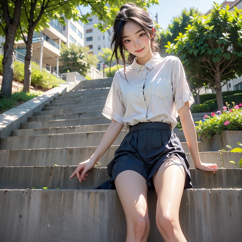 very cute and beautiful girl,(Very detailed美しい顔), (smile),blush,Black Hair,Seraphim,(White shirt、Pleated navy blue legs),Sitting、(From below),(Lacy white panties), Stairs in the park、Distant Tree々and the city, (Highest quality,masterpiece:1.0),Absurd,High resolution,Very detailedな,Very detailed,32K,8k resolution, Intricate details,Movie Scenes,Detailed Background,alone,Dynamic Angle,