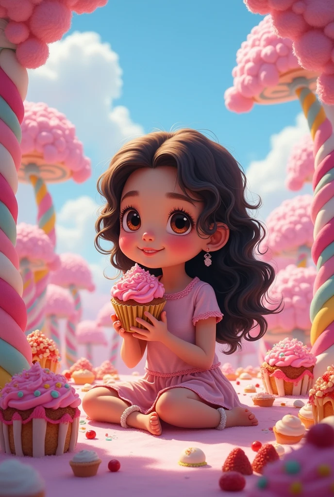 between , skin fair, long dark curly hair , with a cupcake in hand , sitting in a sweet world .