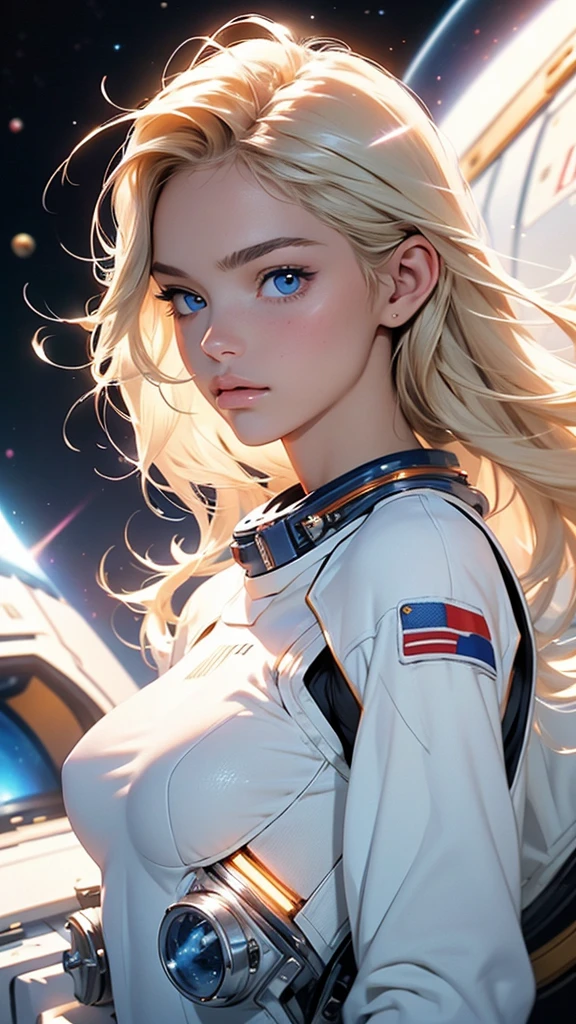 An ultra hot gorgeous European woman. Age23. Blonde straight hair. astronaut clothes white and blue provocative | floating in the space. space background. Perfect anatomy, perfect hair, perfect breast, perfect body, perfect hands, perfect face, perfect eyes, accurate, anatomically correct, perfect clear and crisp focus, UHD, masterpiece, ((blurry background))