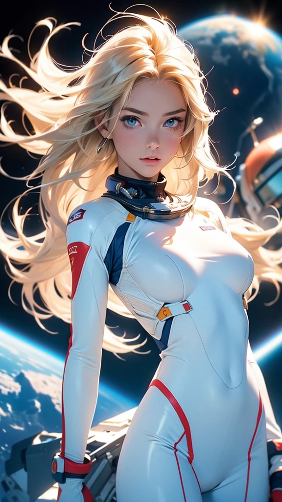 An ultra hot gorgeous European woman. Age23. Blonde straight hair. astronaut clothes white and blue provocative | floating in the space. space background. Perfect anatomy, perfect hair, perfect breast, perfect body, perfect hands, perfect face, perfect eyes, accurate, anatomically correct, perfect clear and crisp focus, UHD, masterpiece, ((blurry background))