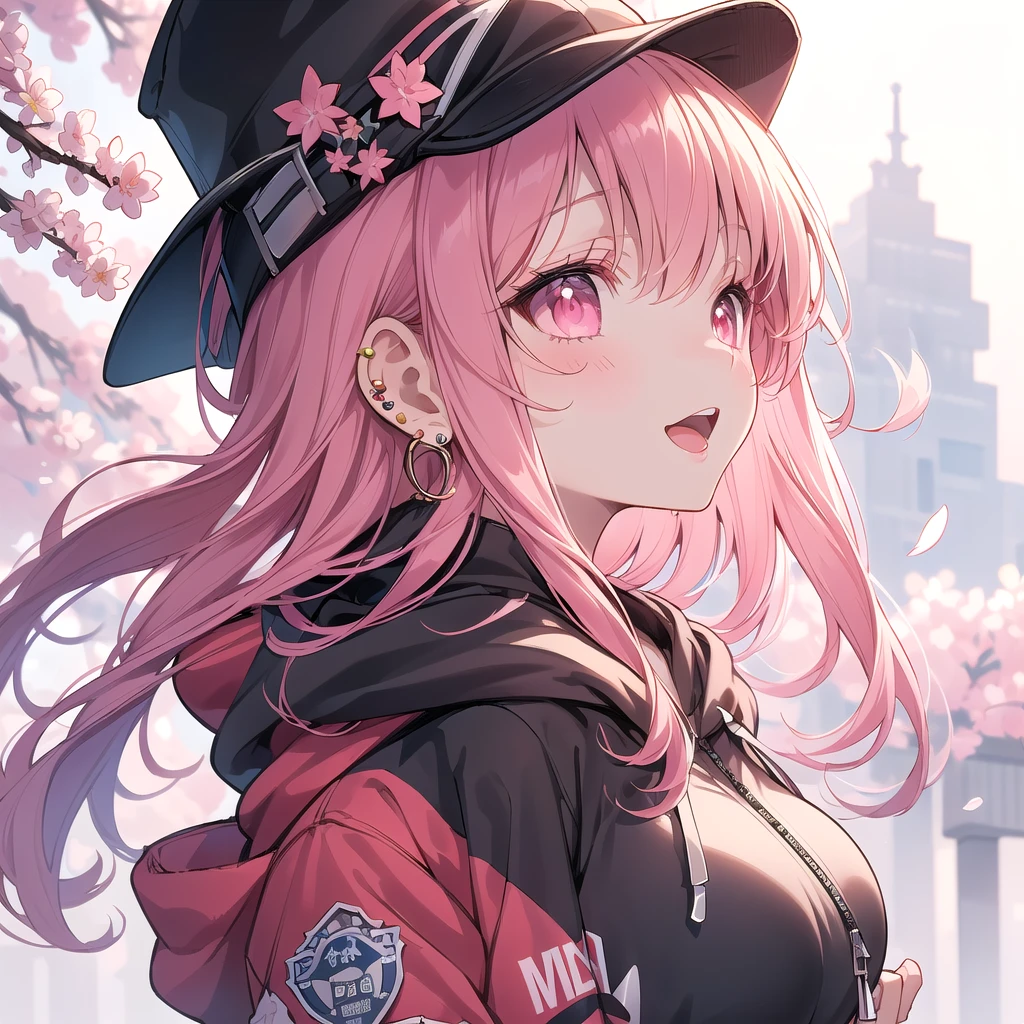 (masterpiece:1.2), best quality,PIXIV, beautiful Rebellious girl,portrait, 
1girl, hat, open mouth, glossy lips, pink hair, solo, mischievous smile, long hair, white background, jewelry, badge, button badge, hood, pink eyes, earrings, simple background, harajuku inspired jacket, long eyelashes, from side, hood down, star (symbol), profile, upper body, clothes writing, zipper, collar, massive accentuated super huge enormously gigantic breasts, chain, sexy seductive, cherry blossoms blowing in the wind, hat ornament, piercing, barcode, portrait, sticker, hoodie, smile, spikes, baseball cap
 