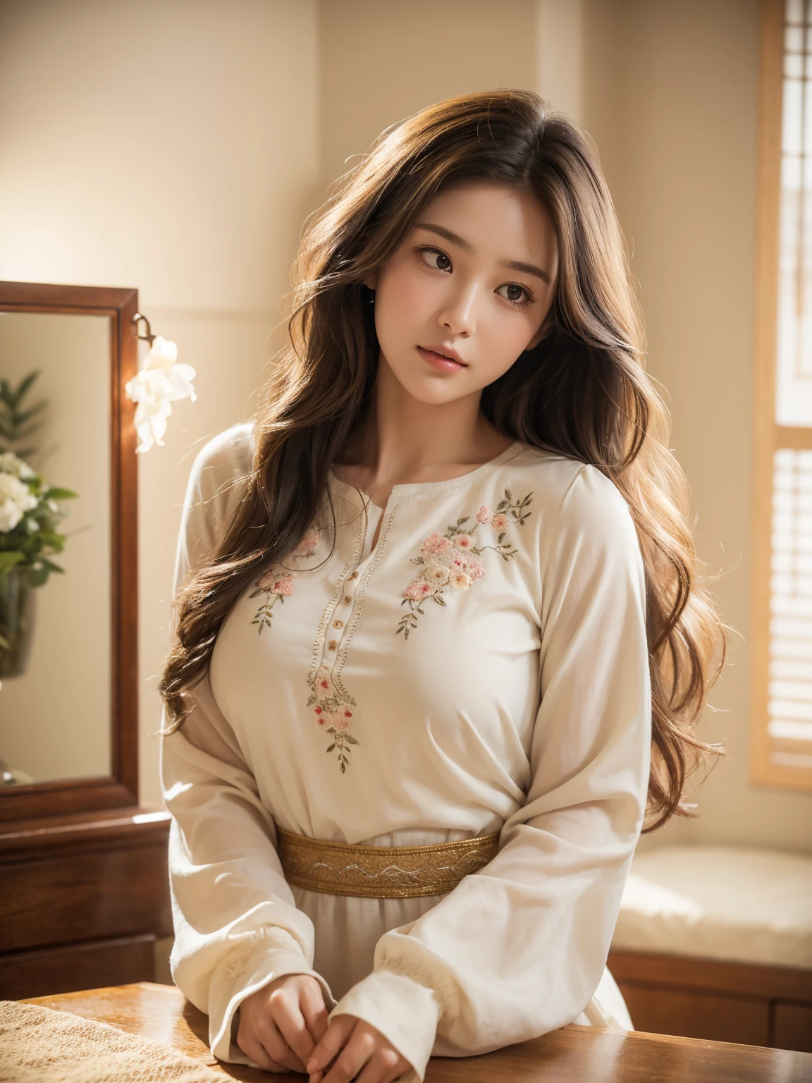 "A serene and soft portrait of a young woman with long, wavy, light brown hair, natural medium big breast, calm and thoughtful expression. Wearing a light-colored, loose-fitting blouse with floral embroidery on the sleeves. The lighting is natural and soft, creating a gentle glow on her face. The background is blurred, with a cool, muted color palette, adding to the peaceful and contemplative mood of the scene."