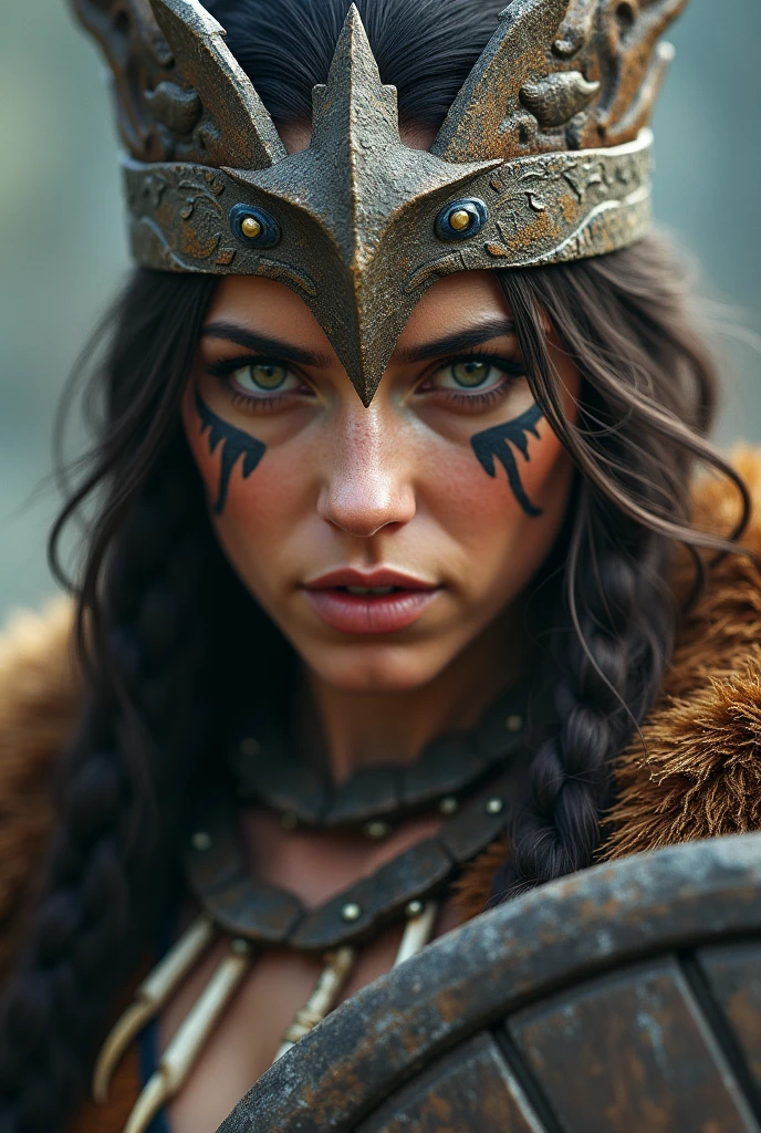 Close up face of beautiful viking queen, wooden shield in hand, eagle crown , tribal design on the eyes, Angry, bone ornaments on the neck, leather armor, focused