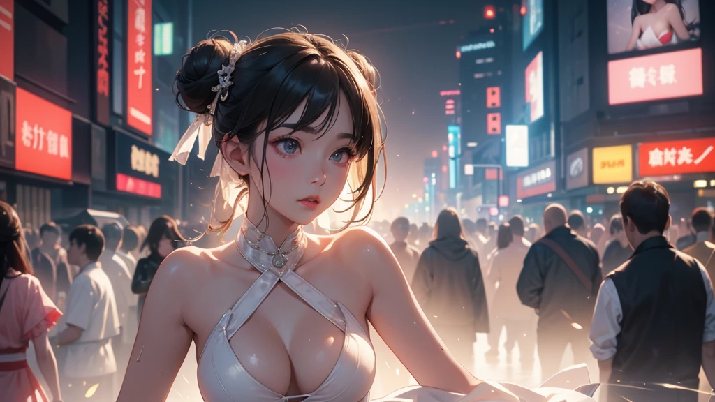 (best quality,4K,height,Masterpiece:1.2),Very detailed,(realistic:1.37), sexy、crowded busy street、Surrounded by spectators、crowd、Bright, pinkish white skin、Sweat dripping all over.、Slender model figure、Double bun hairstyle、black hair、Soaking wet、Very small face、Collars and leashes、large cleavage、cyberpunk city、photography、Countless Swordicro Bikinis,white,Japanese sword、Latex、Decorate the heart、 Cinematic edge lighting, Fine light, Masterpiece, Superb details, An epic work, Ultra high resolution, High quality