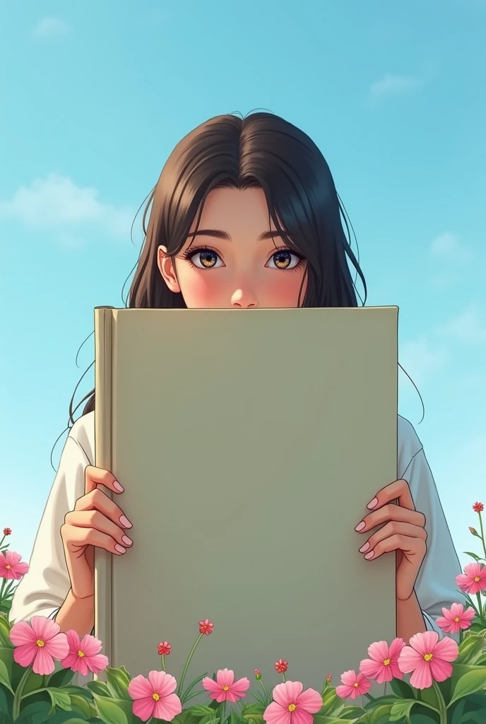 An European high school student is standing behind a big book and she is looking at us, the sky is blue and there is pink flowers on the floor
