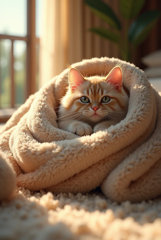 Absurd, High resolution, Super detailed, beautiful, masterpiece, Highest quality、reflection、Realな質感、Realistic、Real、Realistic、Blur、Cat、Wrap yourself in a futon、Sparkling Eyes、Home、Fluffy carpet、Veranda、Sunlight leaking through the window、