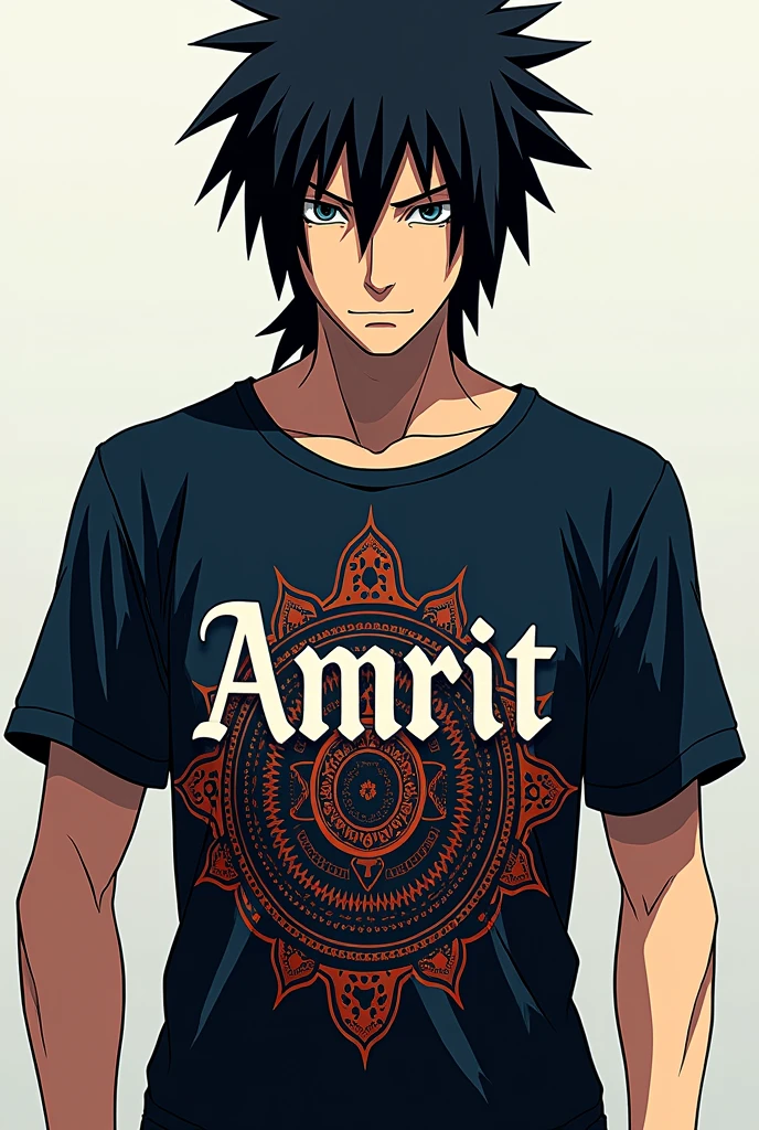 Sasuke wear a t shirt and t shirt name is Amrit