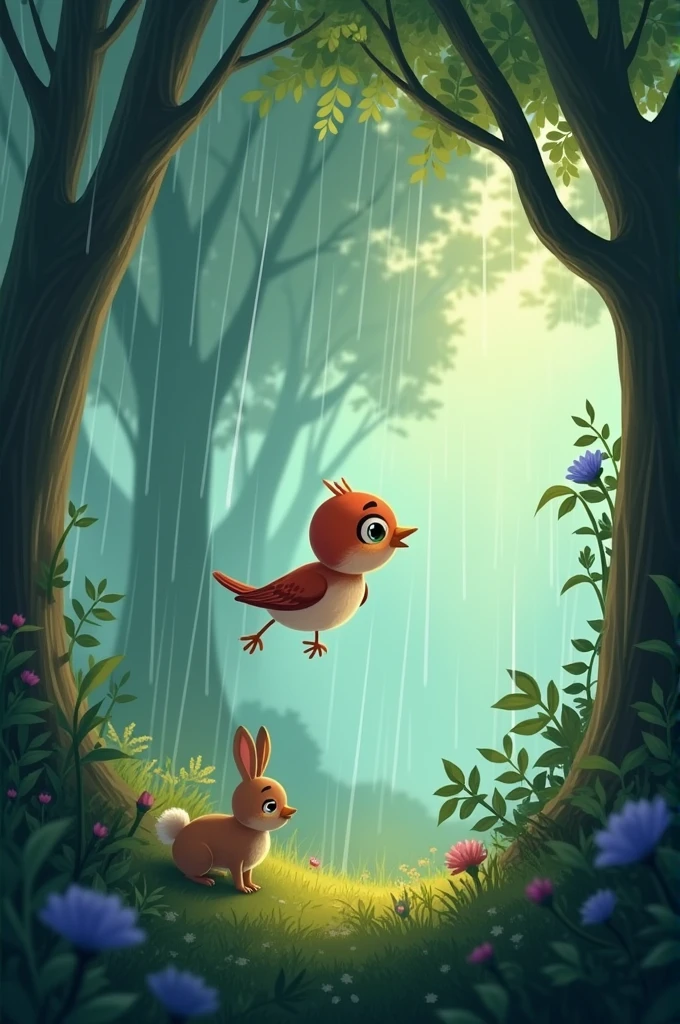 Once upon a time, in a lush green forest, there lived a little sparrow named Chirpy. Chirpy was very small, but she had a big heart. One day, a strong storm hit the forest, and all the animals hid in their homes. But Chirpy noticed that a baby rabbit was stuck outside in the rain, crying for help.
