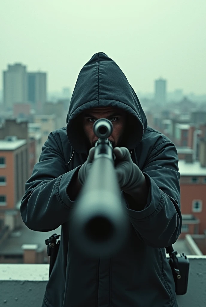 Absurd, High resolution, Super detailed, beautiful, masterpiece, Highest quality、reflection、Realな質感、Realistic、Real、Realistic、Blur、Sniper、Shooting、foaming、The moment of the shot、Rooftop、View from the front、