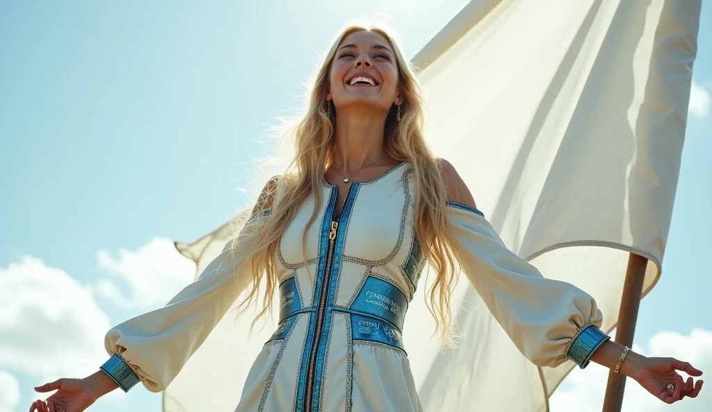 standing from face, a smiling singer, arms outstretched, full view of a 30 years old woman, very long blond hair, blue eyes, slim, A woman stands at the side of a white large flag , she wears a futurist cream and blue dress made from a mix of printed circuit board alloy.