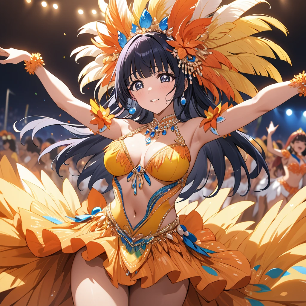 ((Highest quality)), ((masterpiece)), (detailed), （Perfect Face）、The woman is Reika Aoki with semi-long hair、A woman is dancing samba passionately and attractively in a samba costume at the Rio Carnival