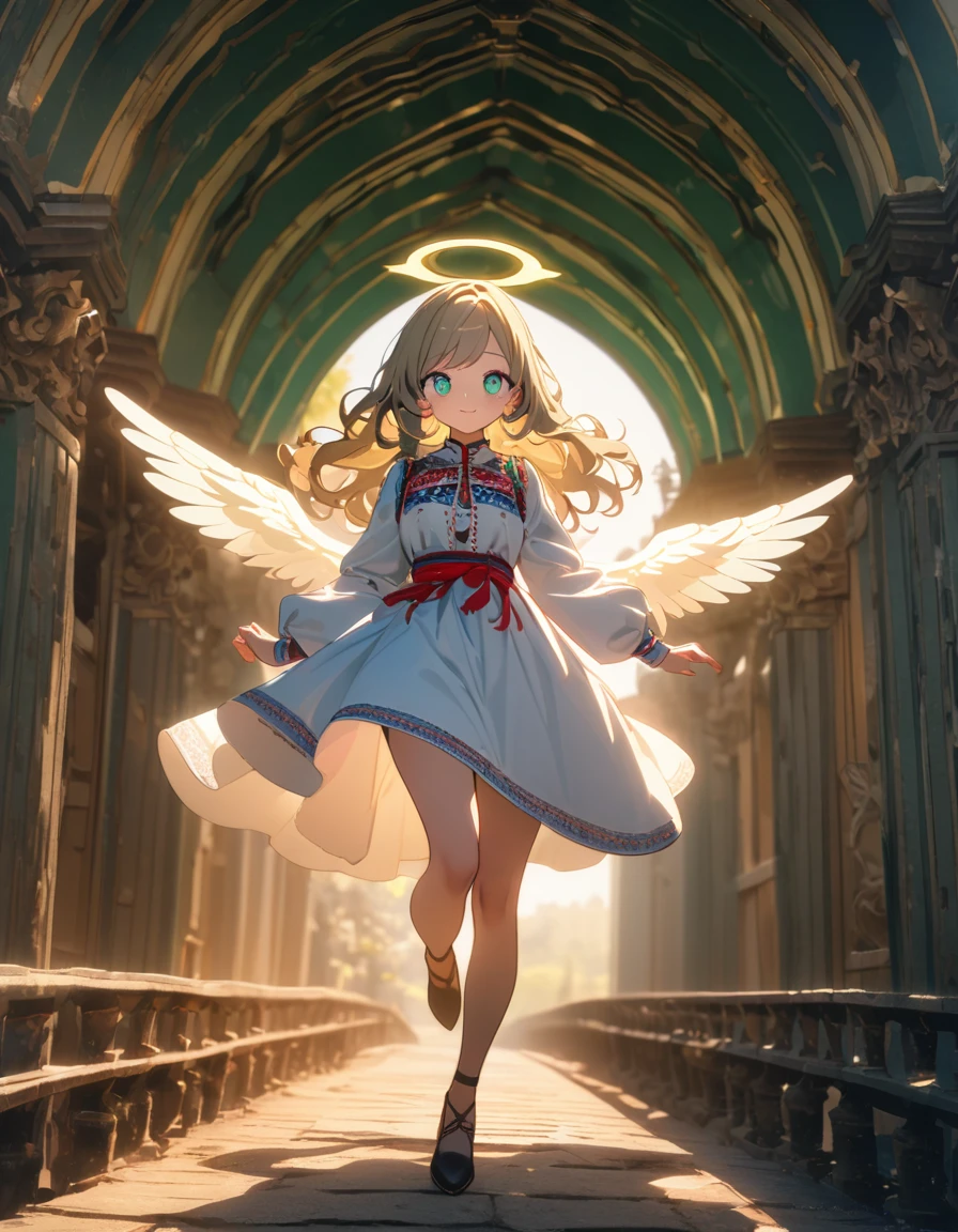 (8K, best quality, master piece: 1.2),ultra-high resolution,1 girl,solo,ultra-detailed face,detailed eyes,cyan eyes,gradient eyes,mascara,Long hair,khaki hair,wavy hair,halo,swept bangs,sheer sleeves,Moldova folk costume with angel wings on back,looking at viewer,rim light,skipping,happy,The arched green tunnel made by the famous trees of Ukraine