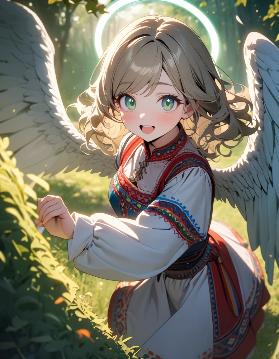 (8K, best quality, master piece: 1.2),ultra-high resolution,1 girl,solo,ultra-detailed face,detailed eyes,cyan eyes,gradient eyes,mascara,Long hair,khaki hair,wavy hair,halo,swept bangs,sheer sleeves,Moldova folk costume with angel wings on back,looking at viewer,rim light,skipping,happy,The arched green tunnel made by the famous trees of Ukraine