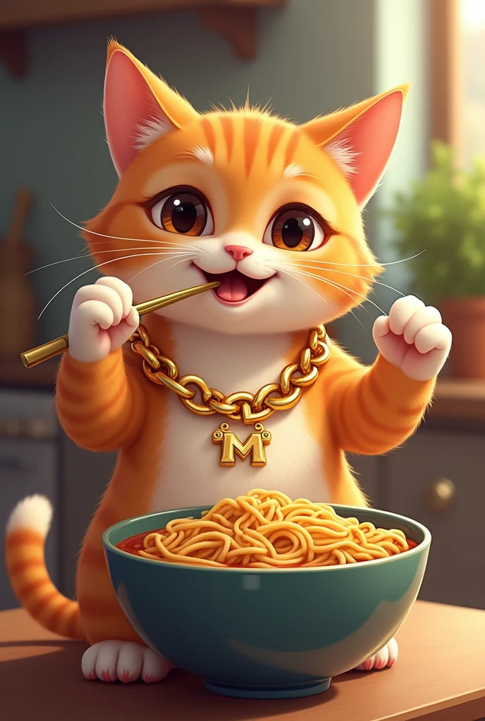 Cat inviting friendly with gold chain eating from a bowl of Chinese noodles. Pendant of the chain a curved M in comic style