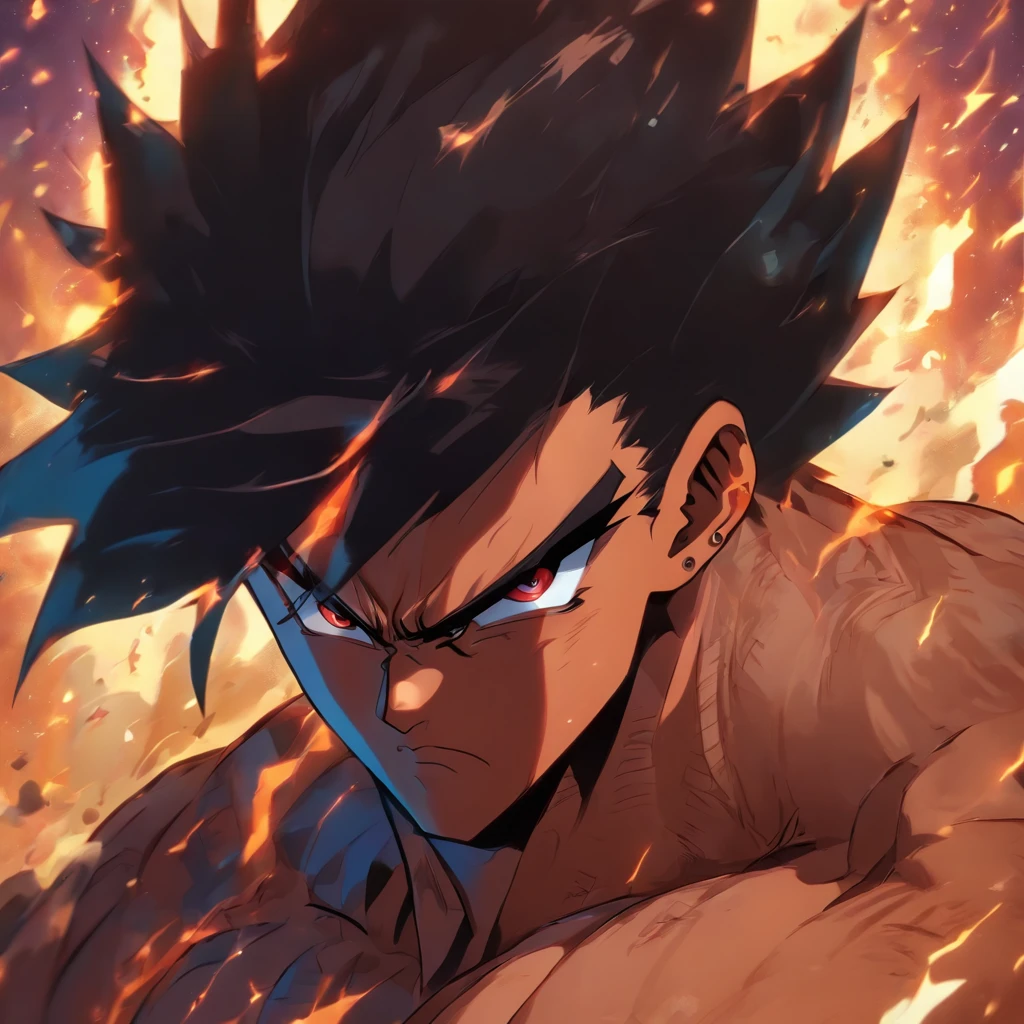 A boy with black hair and Eyebrows are thick and expressive often furrowed in concentration or concern with facial structure of defined , prominent cheekbones.He has heavy muscle with fine define abs, body training .His eyes are blue in color ,(masterpiece),(hd high quality), HCNONE, pixel art , simple gold background , eclipse background