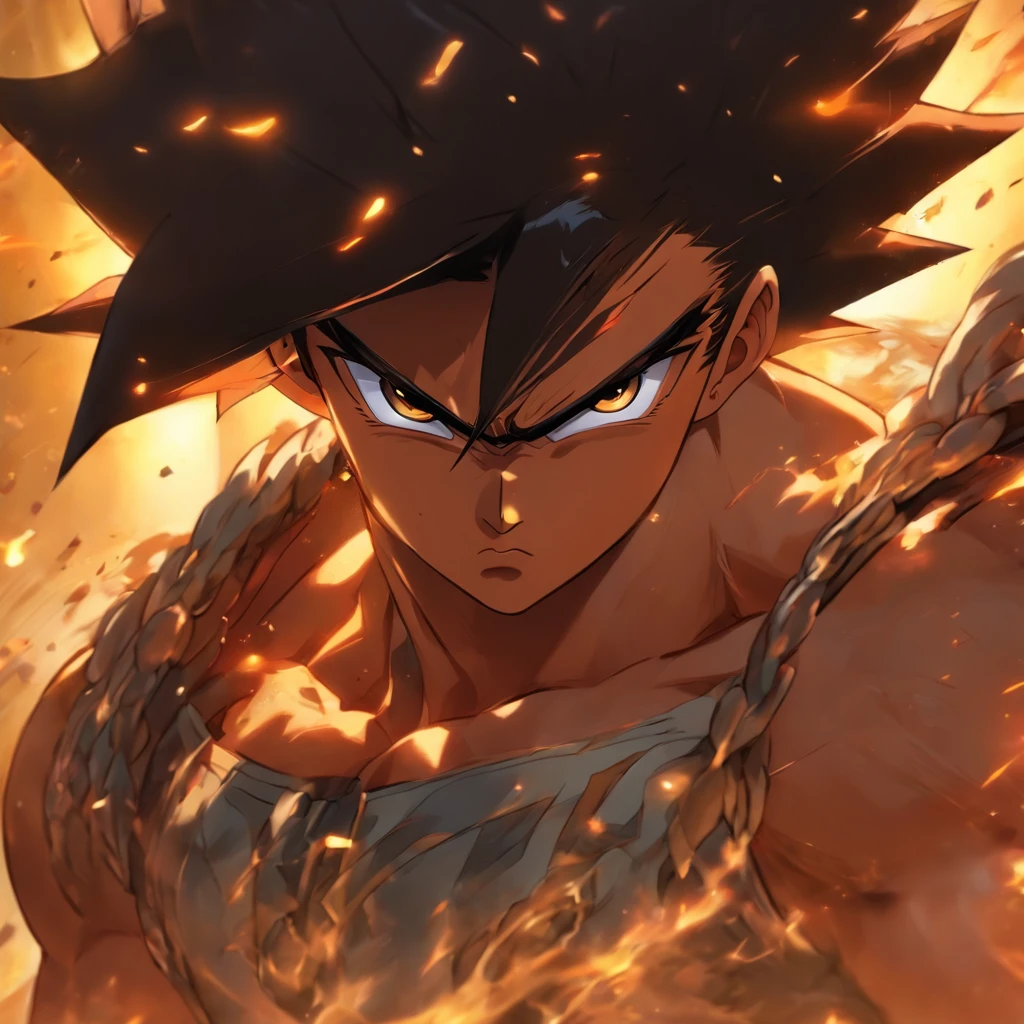 A boy with black hair and Eyebrows are thick and expressive often furrowed in concentration or concern with facial structure of defined , prominent cheekbones.He has heavy muscle with fine define abs, body training .His eyes are blue in color ,(masterpiece),(hd high quality), HCNONE, pixel art , simple gold background , eclipse background 