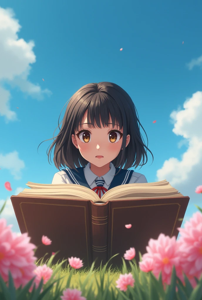 An European high school student is standing behind a big book and she is looking at us, the sky is blue and there are pink flowers on the floor 