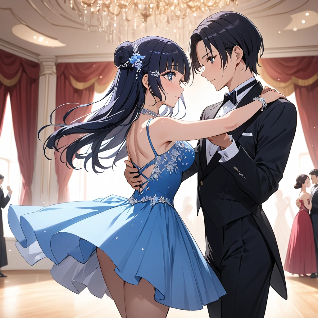 ((Highest quality)), ((masterpiece)), (detailed), (Perfect Face)、The woman is Reika Aoki with semi-long hair、A woman is wearing a ballroom dance costume at a ballroom and dancing gracefully and beautifully.