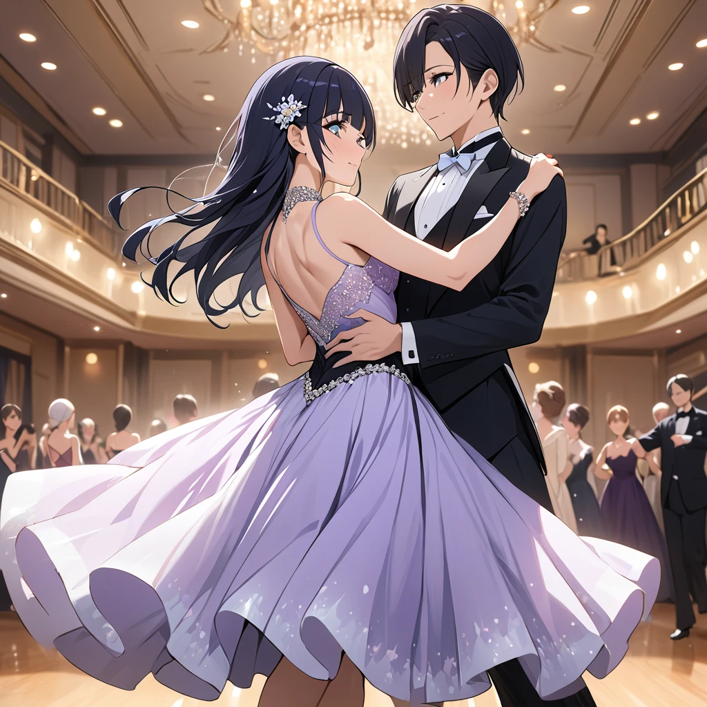 ((Highest quality)), ((masterpiece)), (detailed), （Perfect Face）、The woman is Reika Aoki with semi-long hair、A woman is wearing a ballroom dance costume at a ballroom and dancing gracefully and beautifully.