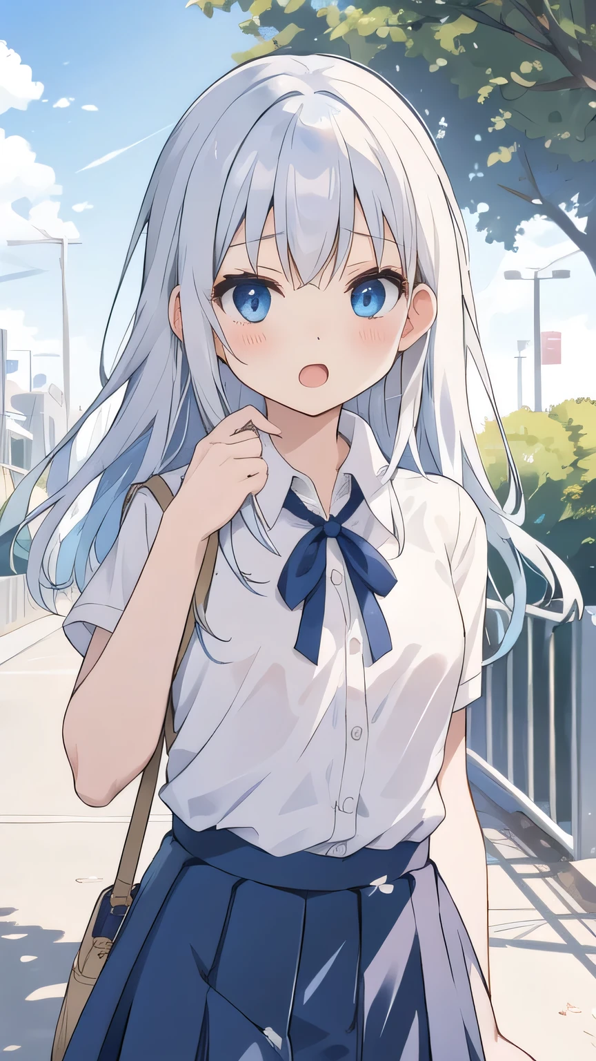 cute girl, アニメ, silver hair, straight hair, Blue eyes, outdoor, cowboy shot, (orgasm:1.1), (young:1.3), blue skirt, white camisole, small bust