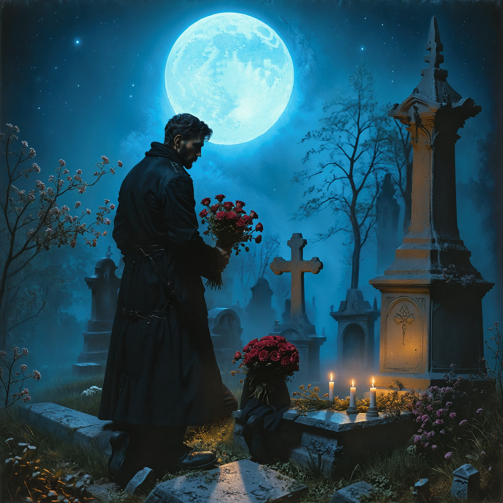 a man standing in a cemetery with a bouquet of flowers, kramskoi 4 k, at the graveyard at midnight, in a graveyard, inspired by Michael Whelan, michael whelan and gustave done, michael whelan and gustave dore, michael whelan art, kramskoi, sitting in a cemetery at night, by Alexander Kucharsky, by Michael Whelan