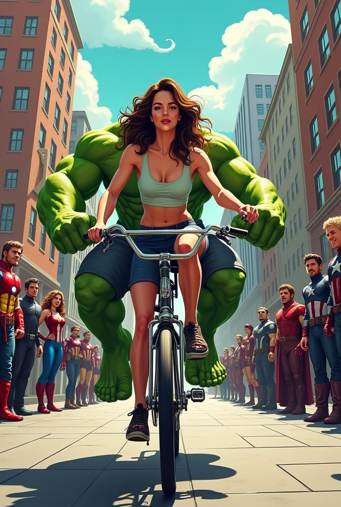 Genrate a image in which a wonderful woman has siting on the bike and bike is driving hulk in a street and all the avengers are seeing them and laughing