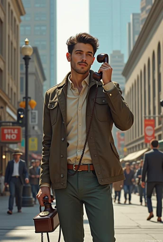 A modern person from 2024 talking on a Graham Bell telephone from 1876, make the image more natural, a modern person of the 21st century on the street