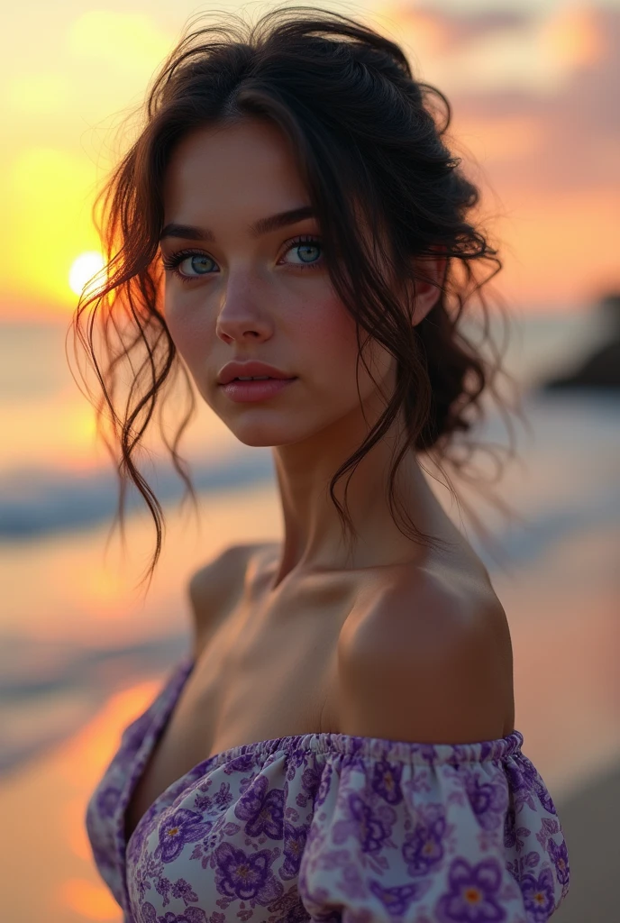 russian woman, blue colored eyes, with a purple and white floral dress, on a beach at sunset, in the sky few orange clouds, a calm sea with calm waves
