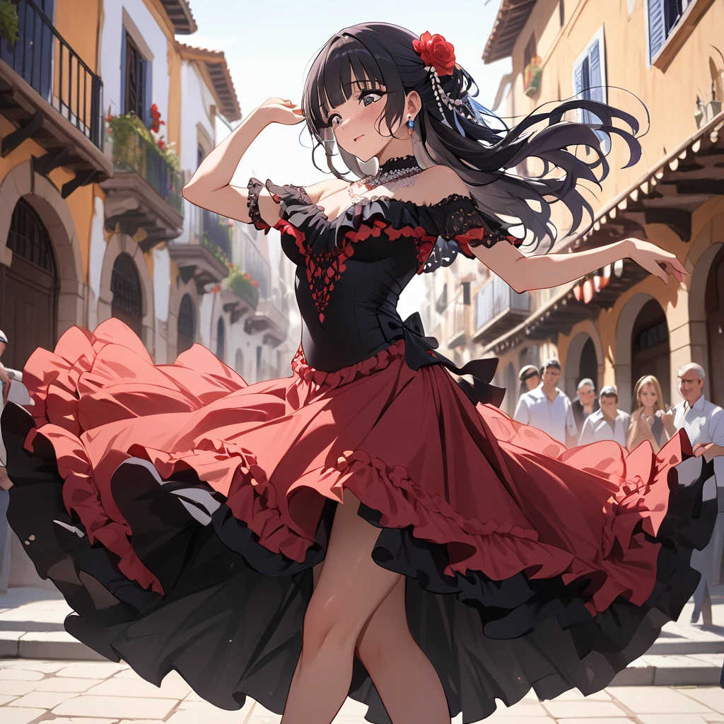 ((Highest quality)), ((masterpiece)), (detailed), (Perfect Face)、The woman is Reika Aoki with semi-long hair、Woman dancing flamenco passionately in flamenco dress in Spain