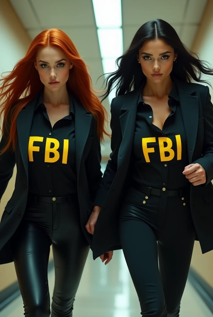 ultra realistic, photography, two women: one with long straight red hair, (30 years old, hourglass figure, perfect body), the other one: long black straight hair, (30 years old, hourglass figure, perfect fit body), Long eye lashes, seductive eyes, Award Winning Glamour Photograph extremely detailed award winning glamour photograph, front lit, HDR, they are dressed like a FBI Agents, under their trenchcoats their shirts are buttoned up, in yellow letters it says "FBI" on their trenchcoats, they are wearing elegant pants and high heels, they are running after a Person, action shot, cinematic shot,