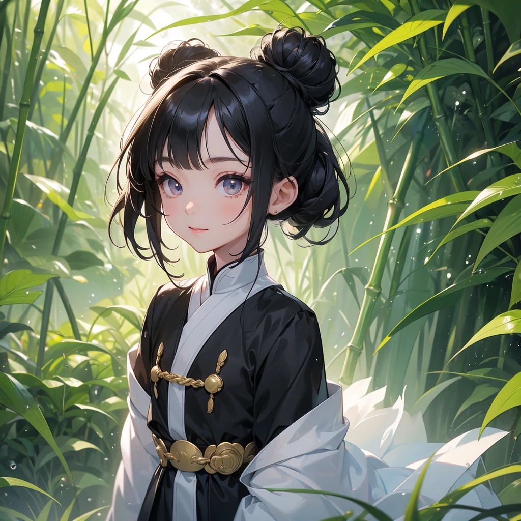A chibi child girl had a small face and Wearing white-black little Taoist priest's outfit. A pair of big round eyes shone with curiosity about him. This child was so cute! ,her hair is black with two buns on her hair.small chibi, chibi baby, smiling,The little chibi baby looked up with his chest raised, and his face was old and proud.

The back is a lush green bamboo forest. The air after rain has water droplets splashing around.