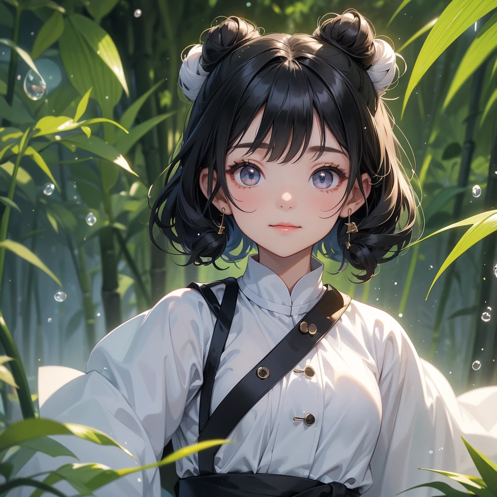A chibi child girl had a small face and Wearing white-black little Taoist priest's outfit. A pair of big round eyes shone with curiosity about him. This child was so cute! ,her hair is black with two buns on her hair.small chibi, chibi baby, smiling,The little chibi baby looked up with his chest raised, and his face was old and proud.
The back is a lush green bamboo forest. The air after rain has water droplets splashing around.