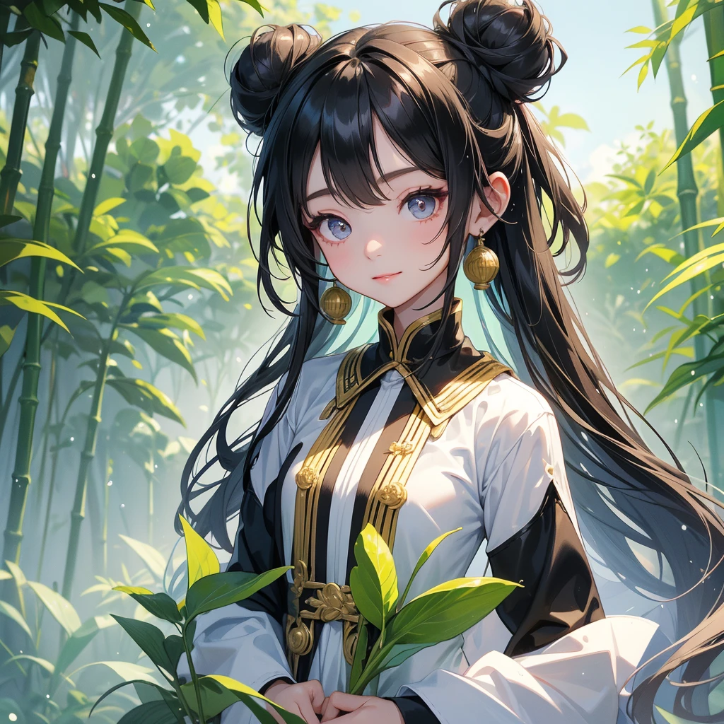 A chibi child girl had a small face and Wearing white-black little Taoist priest's outfit. A pair of big round eyes shone with curiosity about him. This child was so cute! ,her hair is black with two buns on her hair.small chibi, chibi baby, smiling,The little chibi baby looked up with his chest raised, and his face was old and proud.
The back is a lush green bamboo forest. The air after rain has water droplets splashing around.
