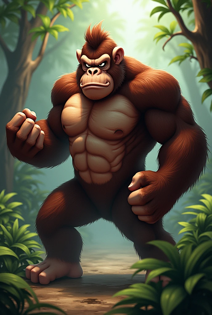 Detailed picture of a Donkey Kong anthro, (chocolate brown, big), he is beating his chest with his left hand on the middle of the jungle, trending on Art Station, Ross Tran, ruan jia, foxovh, ((determined expression, eyes closing, (((dynamic lighting,))), cartoon