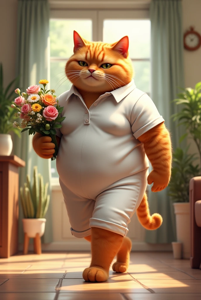 Ek muscular ginger cat jisne white shirt or pent pehni h uske hatho me ek fulo ka guccha h seen ghar me jate huye samne