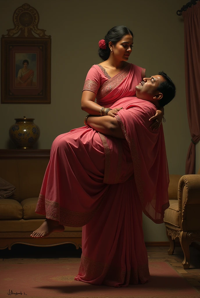 Beautiful indian woman in dark pink saree lifting up a large chubby man in her arms in a room, full body view