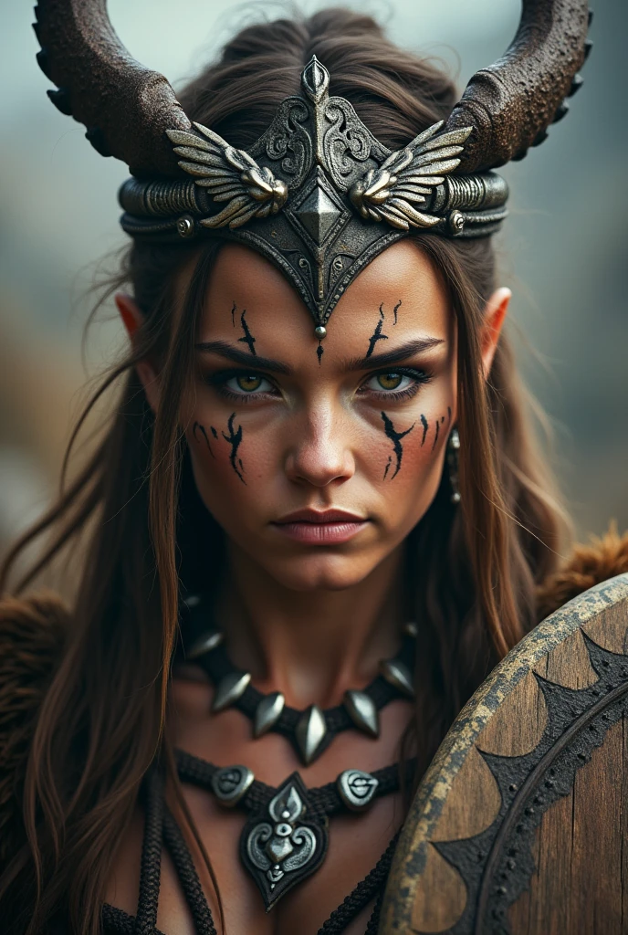Close up face of beautiful viking queen, wooden shield in hand, eagle wings crown , tribal design on the eyes, Angry, bone ornaments on the neck, leather armor, focused